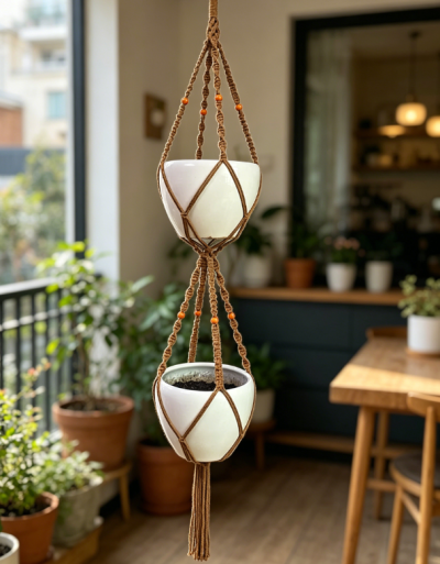 Double Tier Hanging Planter Basket, Rope Plant Holder