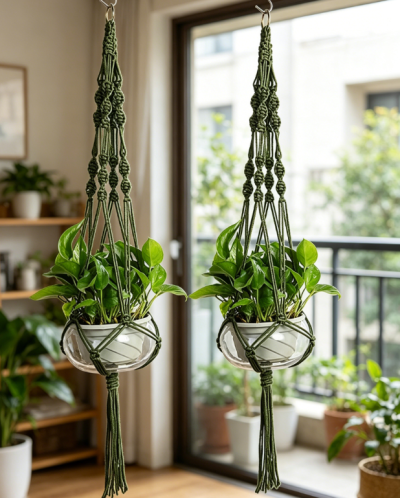Nylon Rope Hanging Planter Basket, Indoor Outdoor Plant Holder