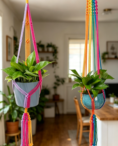 Rainbow Macrame Plant Hanger, Hanging Planter Holder