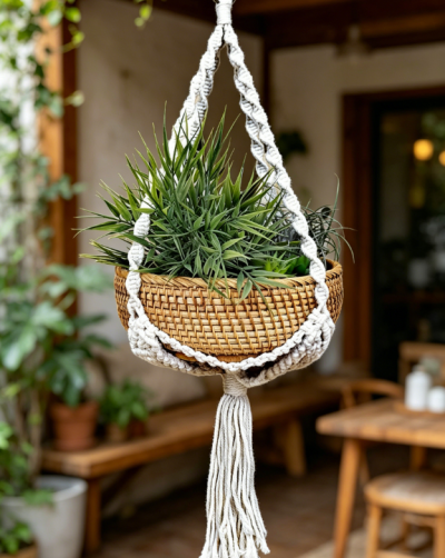 Woven Macrame Hanging Basket for Plants and Decor