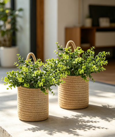 Wall Hanging Rope Basket with Greenery Decor