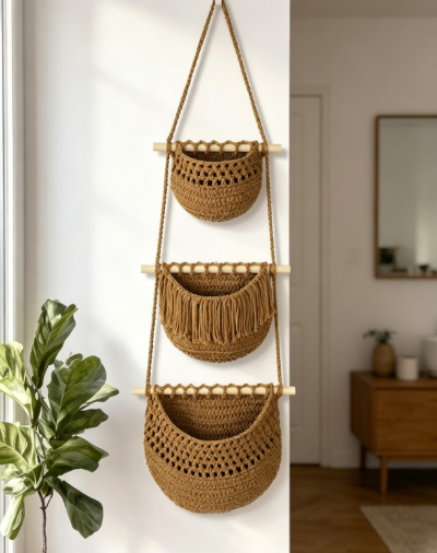 Boho Rope Hanging Basket Organizer, 3 Tier Storage Basket