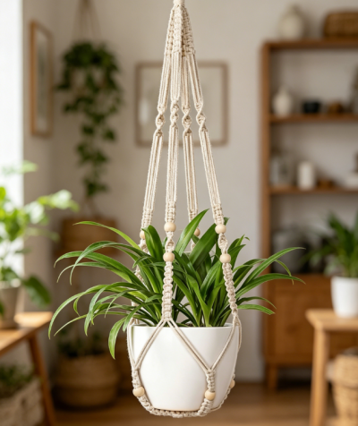 Macrame Plant Hanger with Wood Beads, Hanging Planter Holder