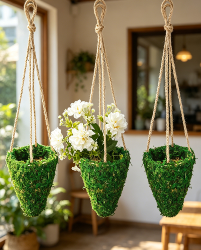 Conical Hanging Wicker Basket with Moss, Wall Planter