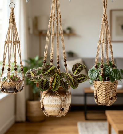 Macrame Plant Hanger with Beads, Hanging Planter Holder