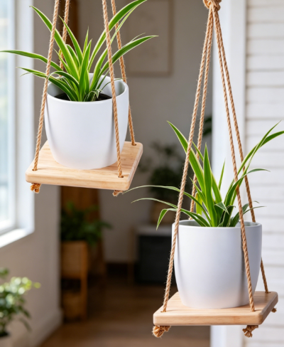 Hanging Plant Holder with Wood Base, Rope Hanging Planter Basket