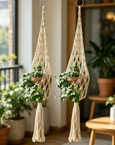 Boho Plant Hanger, Rope Hanging Planter Basket